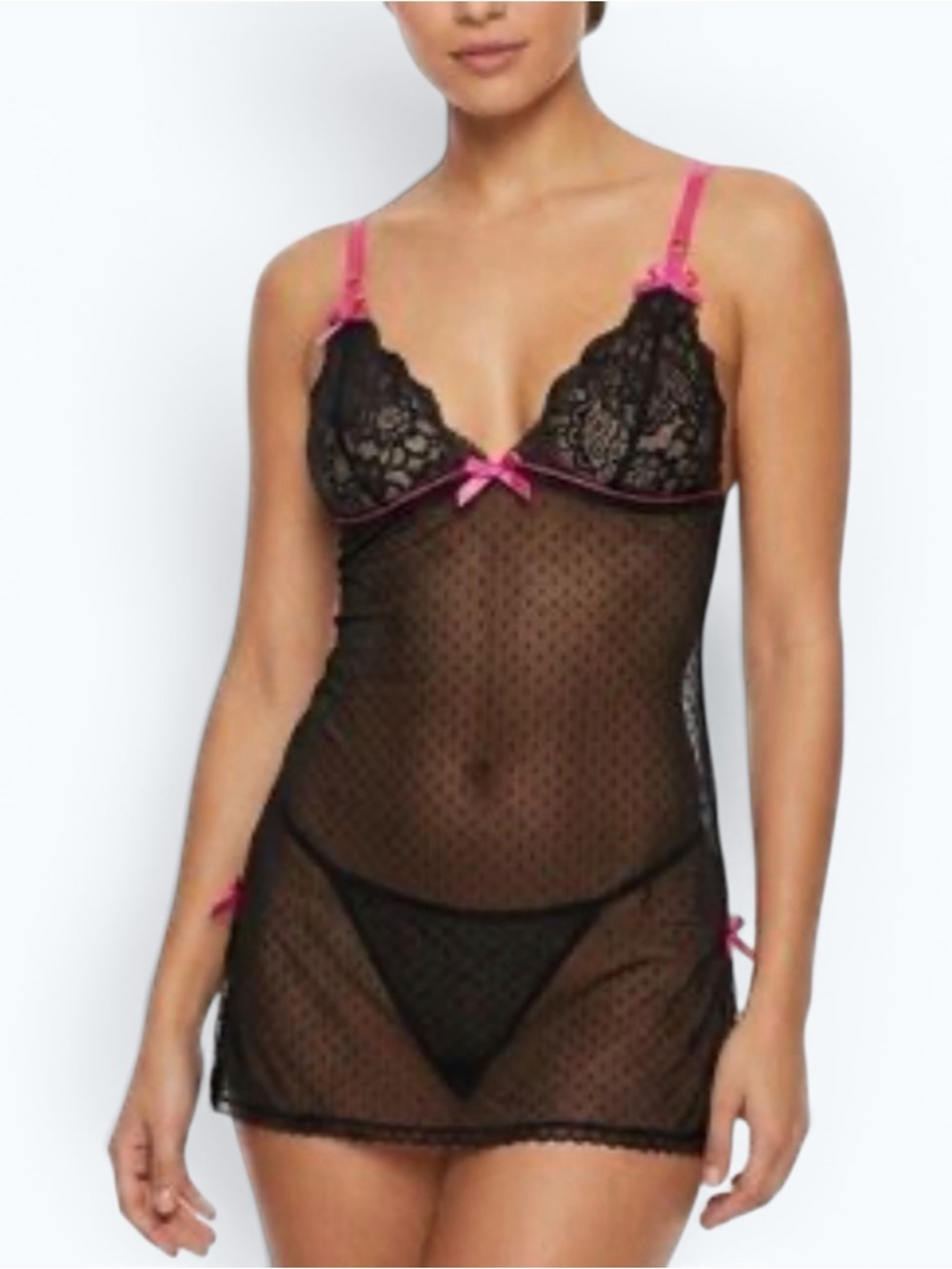 Victoria's Secret Black Mesh & Hot Pink Lace Chemise, Size S, MSRP $75